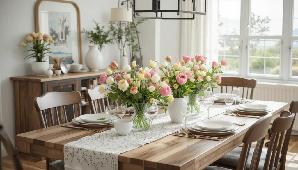 Fresh flowers and linens elevate the look of this modern farmhouse dining table.