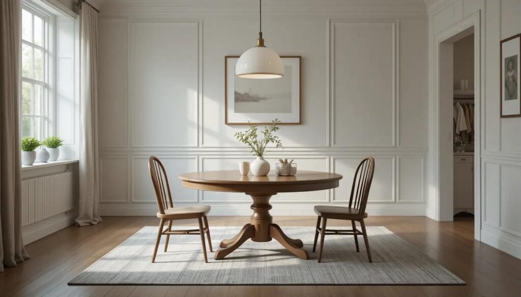 Modern glass round dining table with metal chairs.