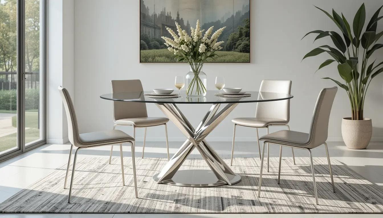 Modern glass round dining table with metal chairs.