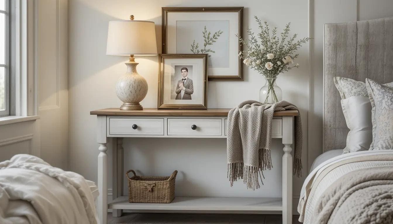 Farmhouse console table in a living room with rustic décor.