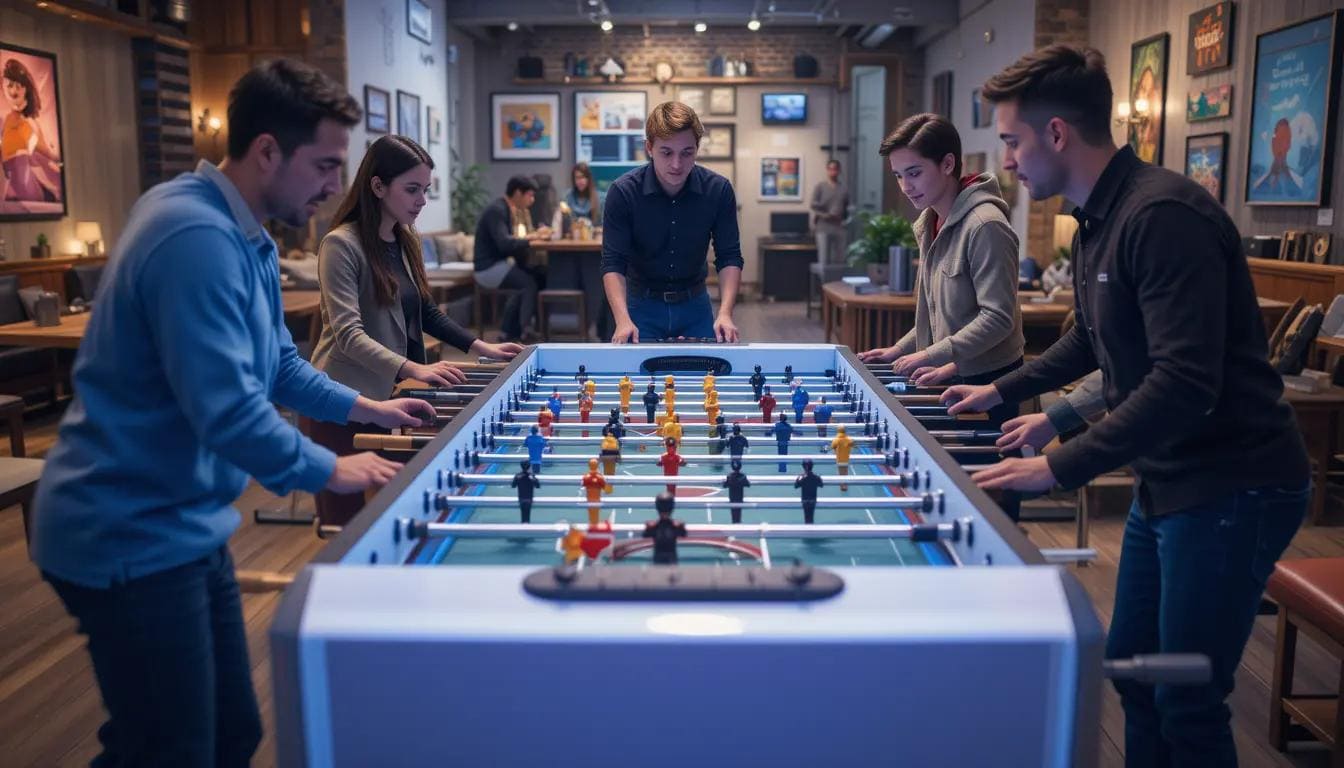 Foosball table in a stylish game room with players having fun.