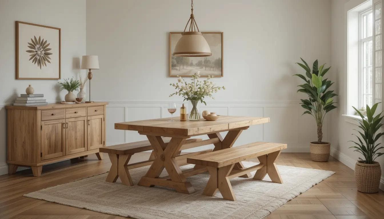 Rustic farmhouse dining table and bench in a cozy dining room.