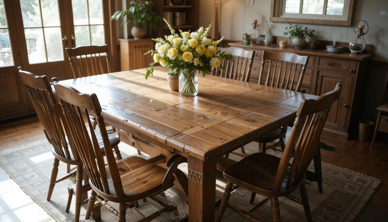 Rustic farmhouse table in a cozy dining room with natural lighting.