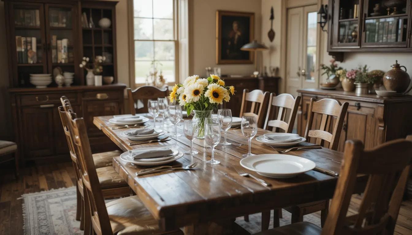 Rustic farmhouse table in a cozy dining room.