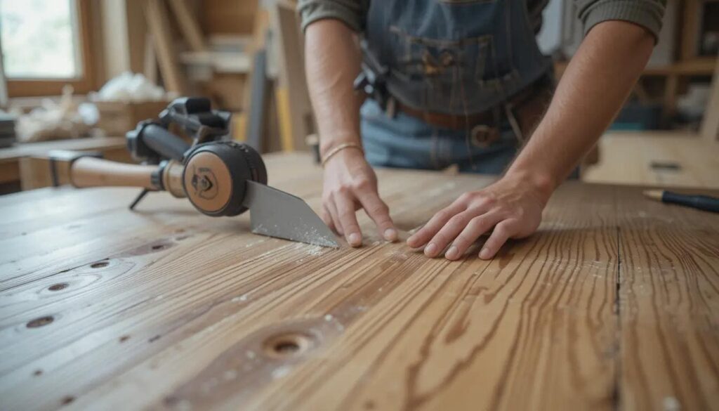 A craftsman carefully finishes a natural wood farmhouse dining table.
Title: Farmhouse Dining Table Craftsmanship