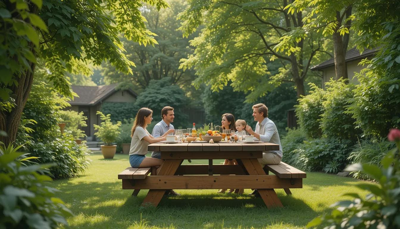 Wooden picnic table in a backyard surrounded by greenery.