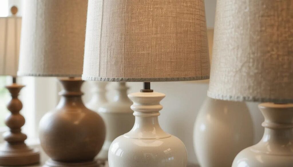 Four types of farmhouse table lamps in a living room setting.