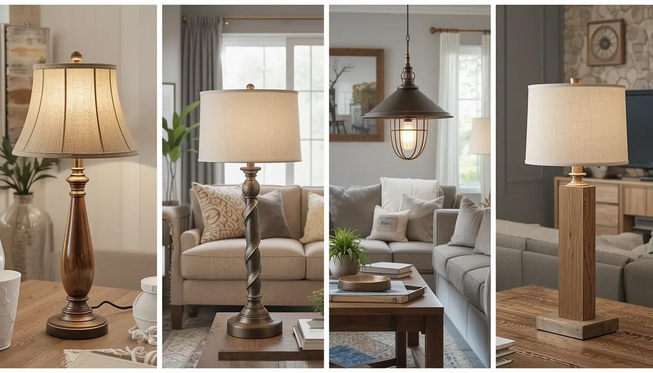 Four types of farmhouse table lamps in a living room setting.