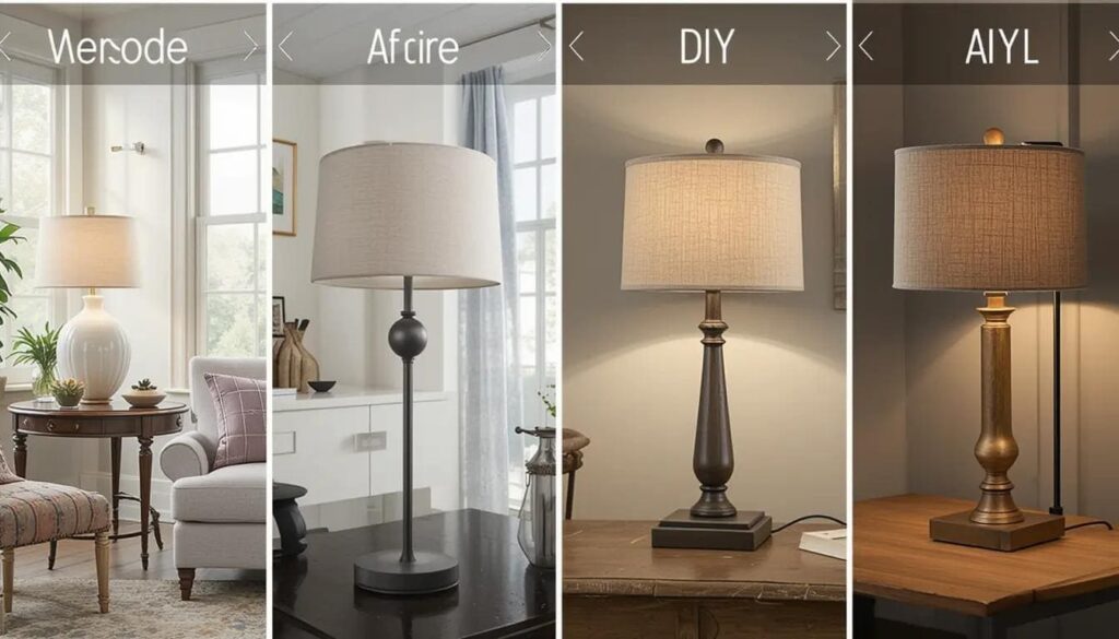 Four types of farmhouse table lamps in a living room setting.