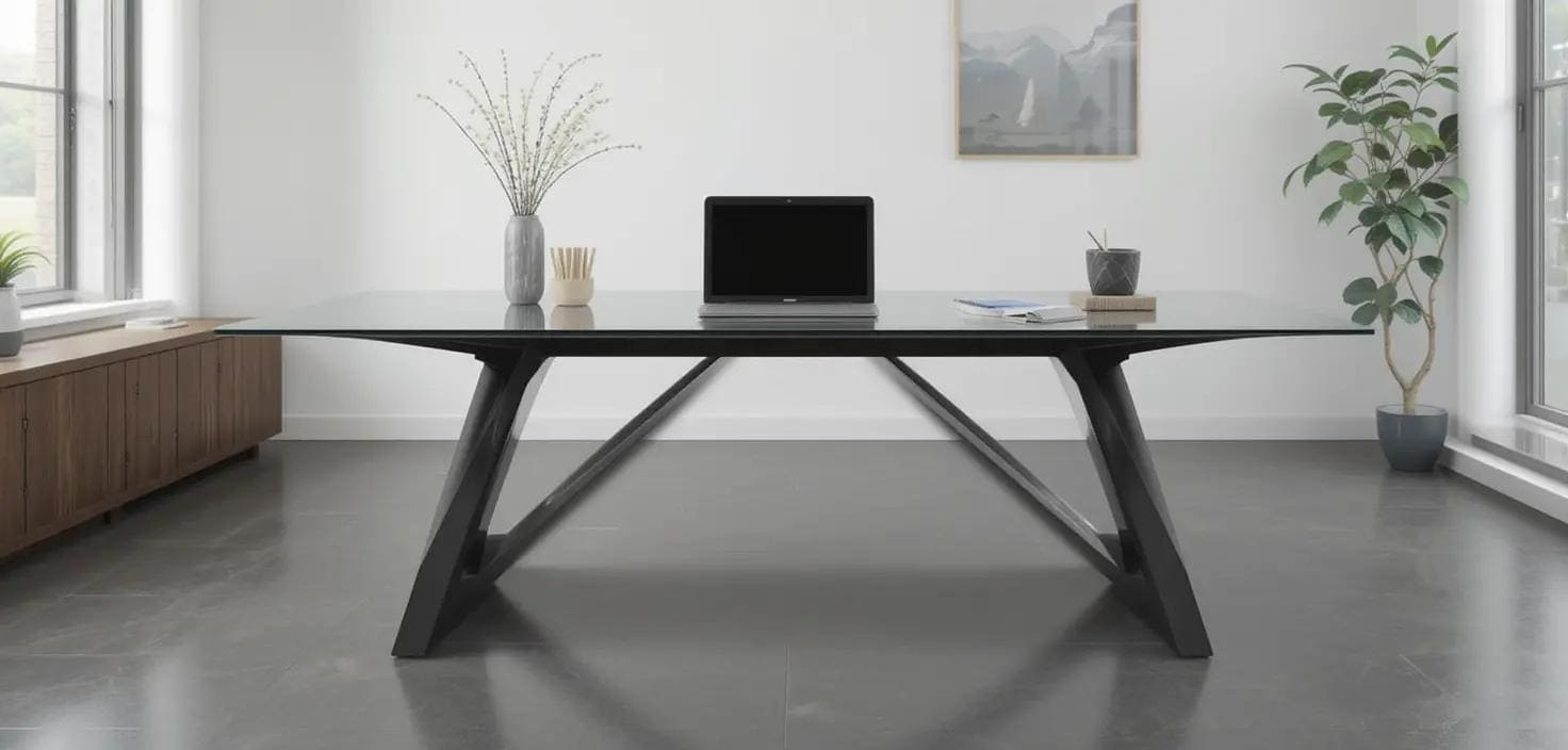 Modern trestle table with a glass top in a minimalist office.