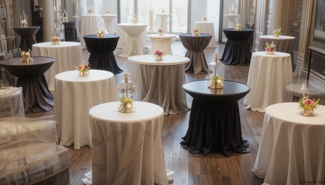 Different table styles for events, including round, rectangular, and cocktail tables.