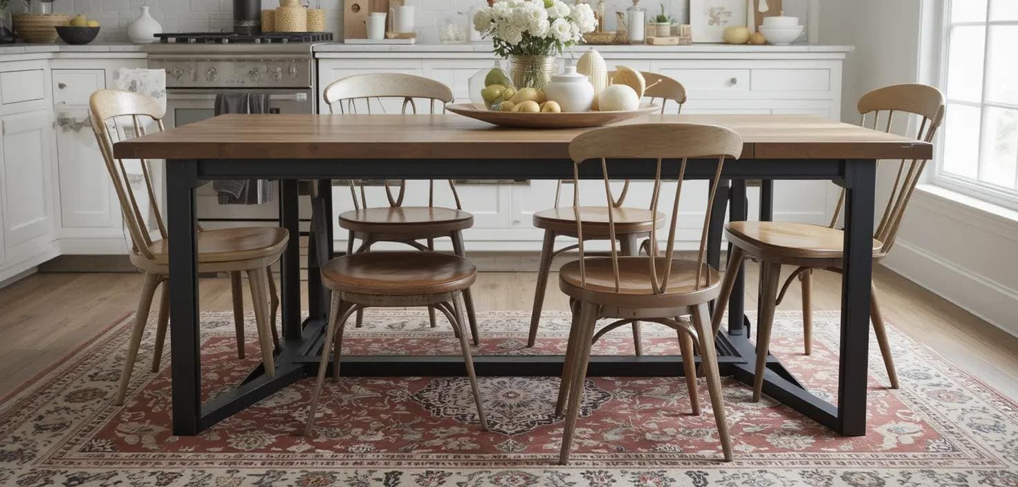 Industrial farmhouse table with metal accents and mismatched chairs