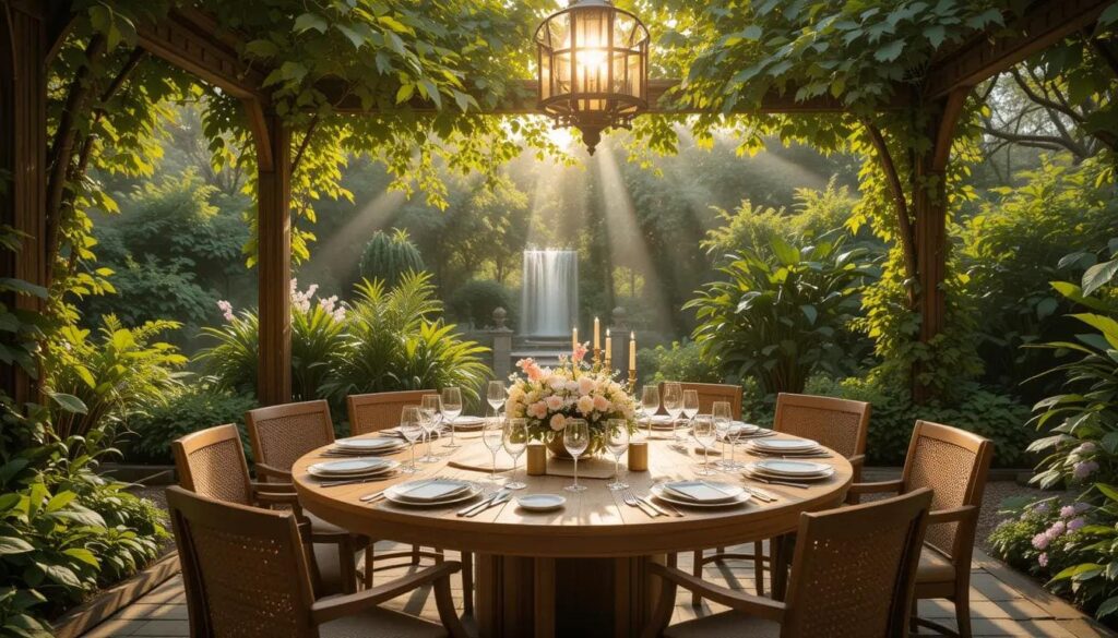 Outdoor round dining table in a garden setting