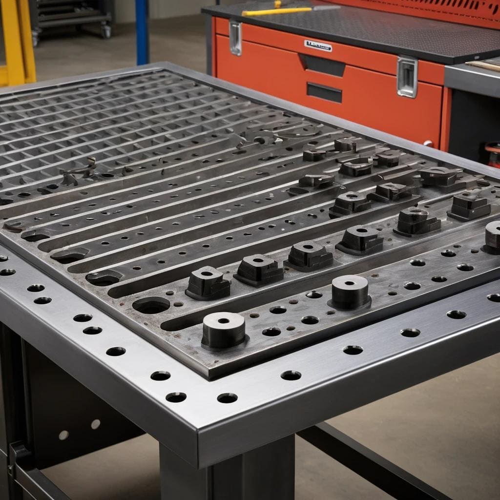 Welder working on a steel welding table in a workshop.