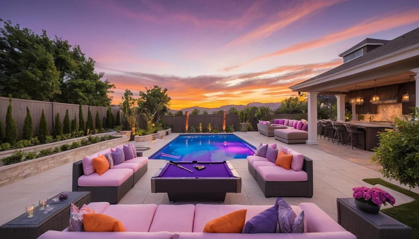 Luxurious outdoor pool table in a backyard setting.