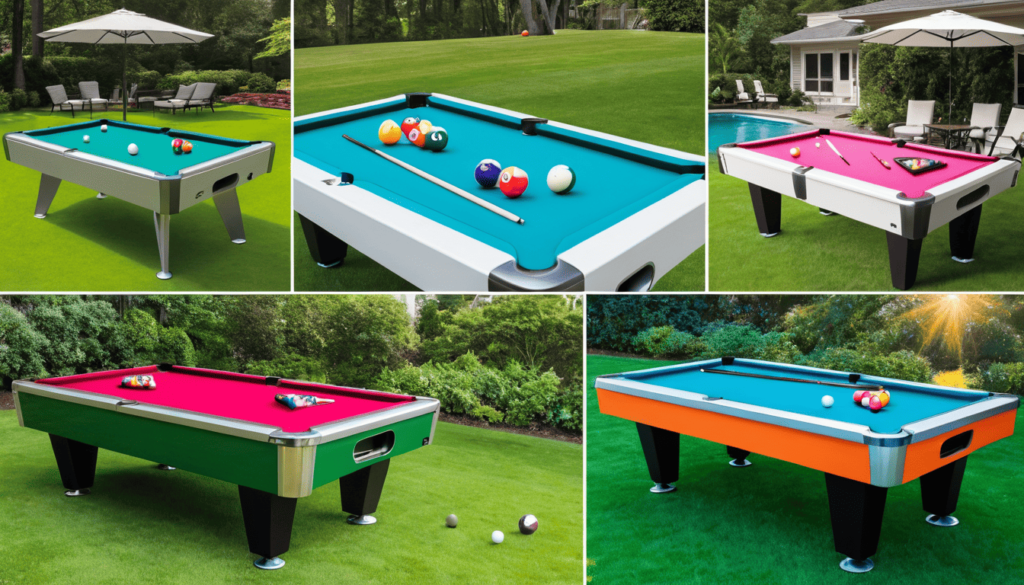 Various types of outdoor pool tables on display.