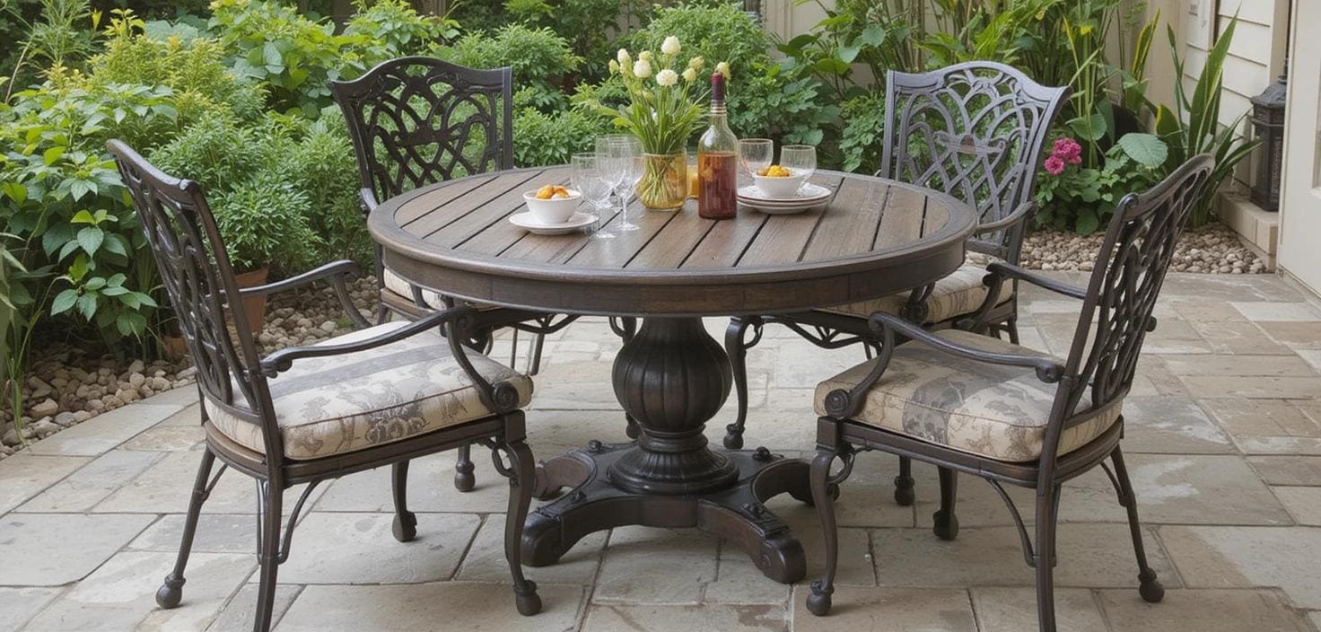 Round pedestal dining table on a patio with chairs.