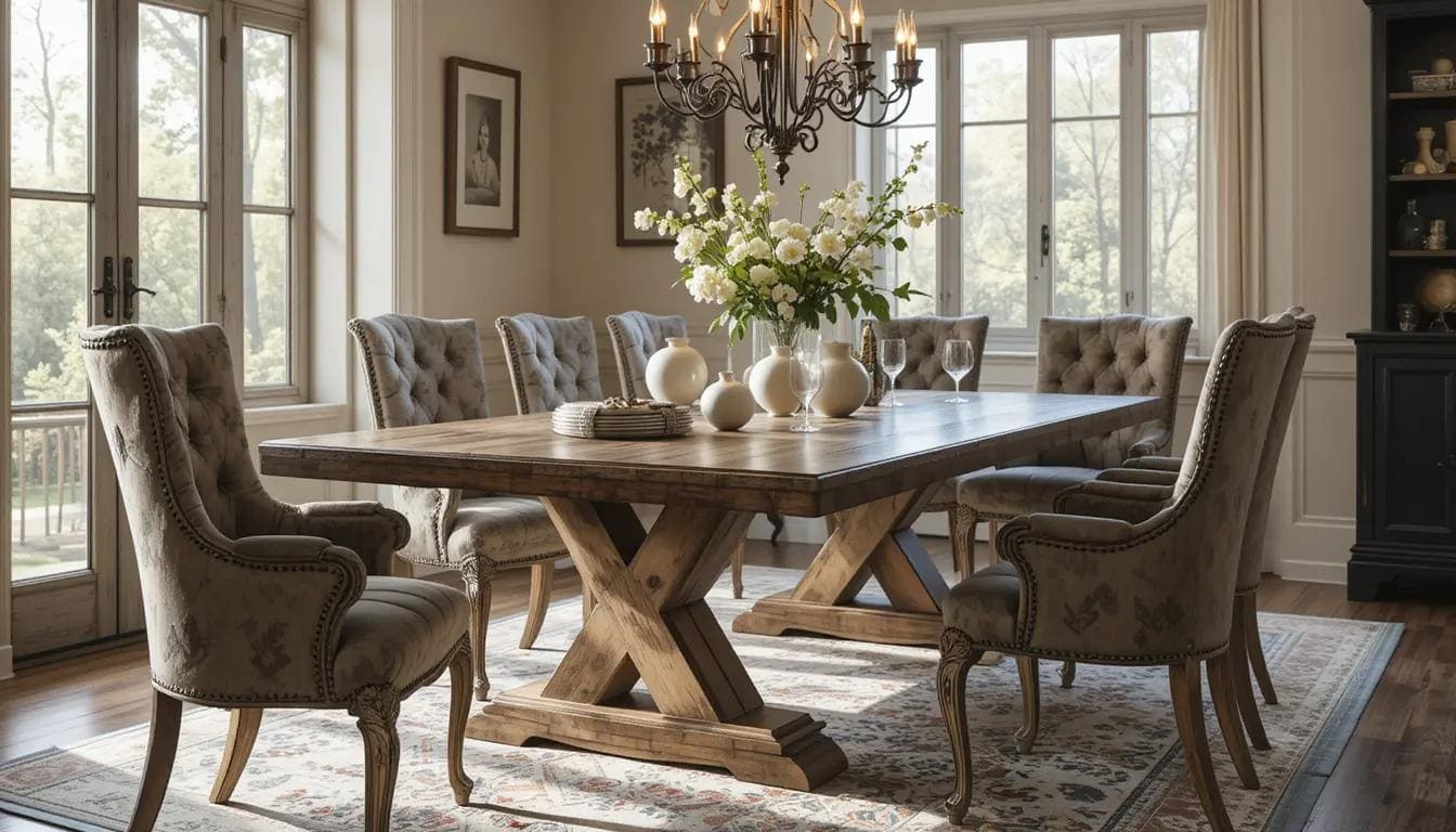Rustic trestle table in a cozy dining room.