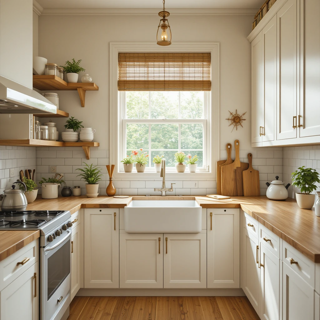 Modern kitchen with white oak cabinets and marble countertop.