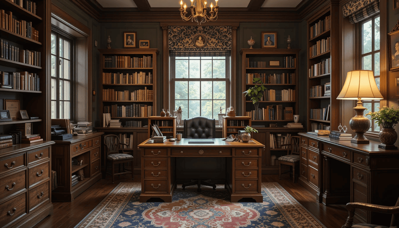 Antique roll top desk in a cozy home office.