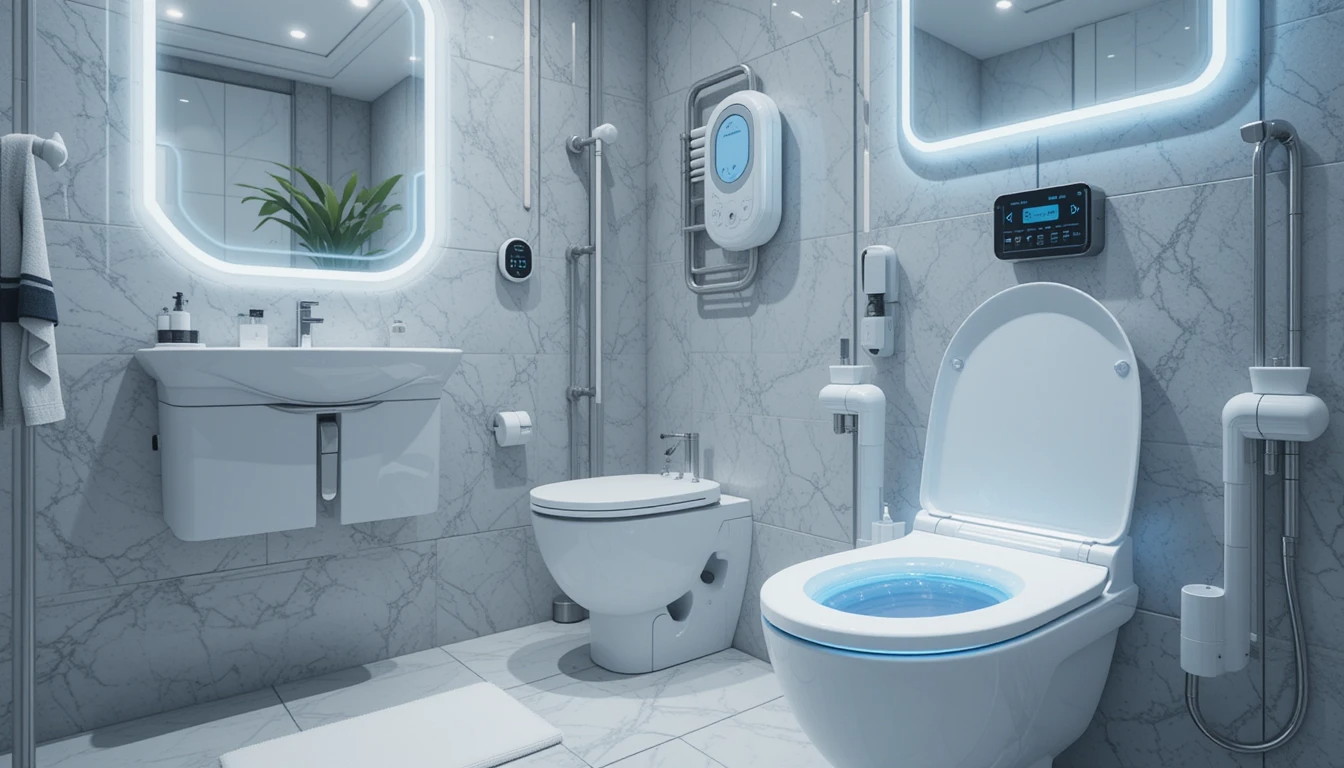 Futuristic bathroom with smart toilet accessories like a self-cleaning toilet seat and touchless soap dispenser.