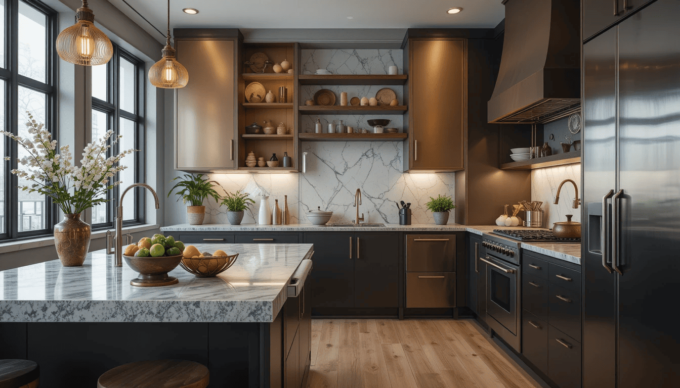 Luxurious kitchen with bronze and black metal cabinets.