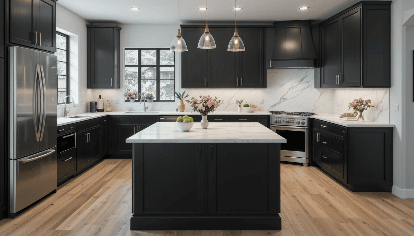 Modern kitchen featuring black cabinets with white marble countertops.