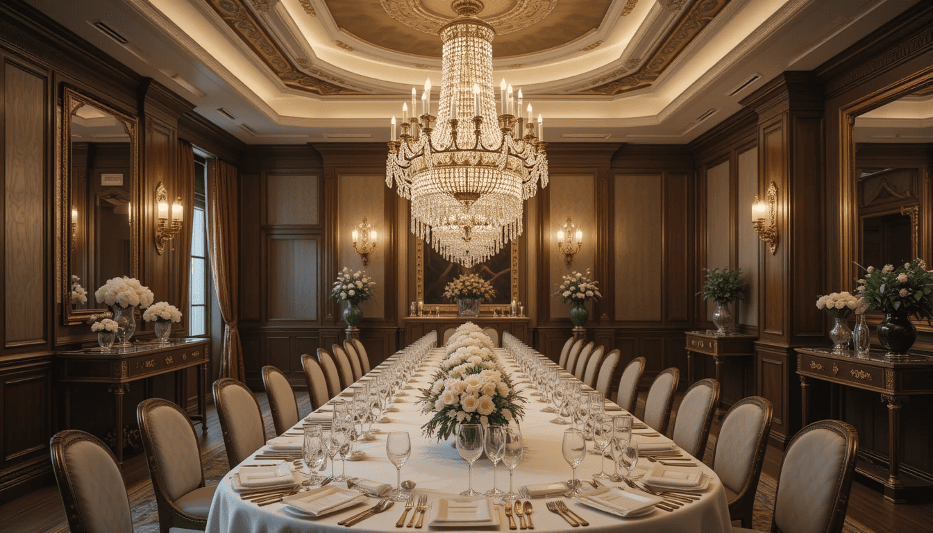 A luxurious dining room featuring a sparkling crystal chandelier as the centerpiece, surrounded by elegant decor and soft lighting.