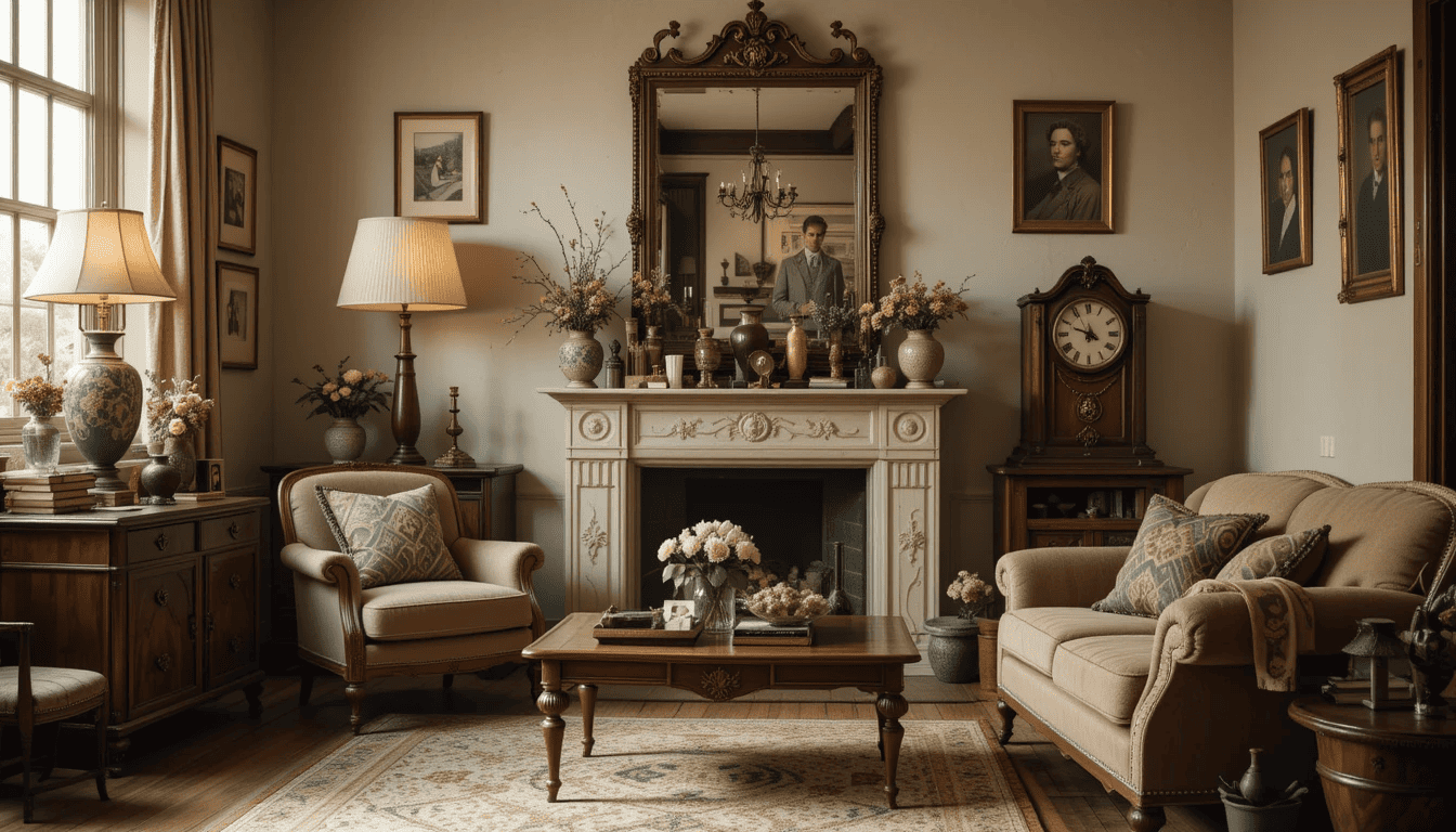 Cozy living room with vintage home accessories.