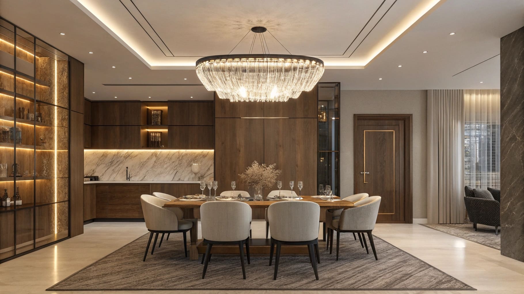 Contemporary dining room with a sleek chandelier above a wooden table.