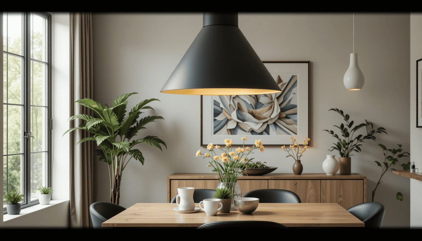 Modern dining room with a black cone chandelier.