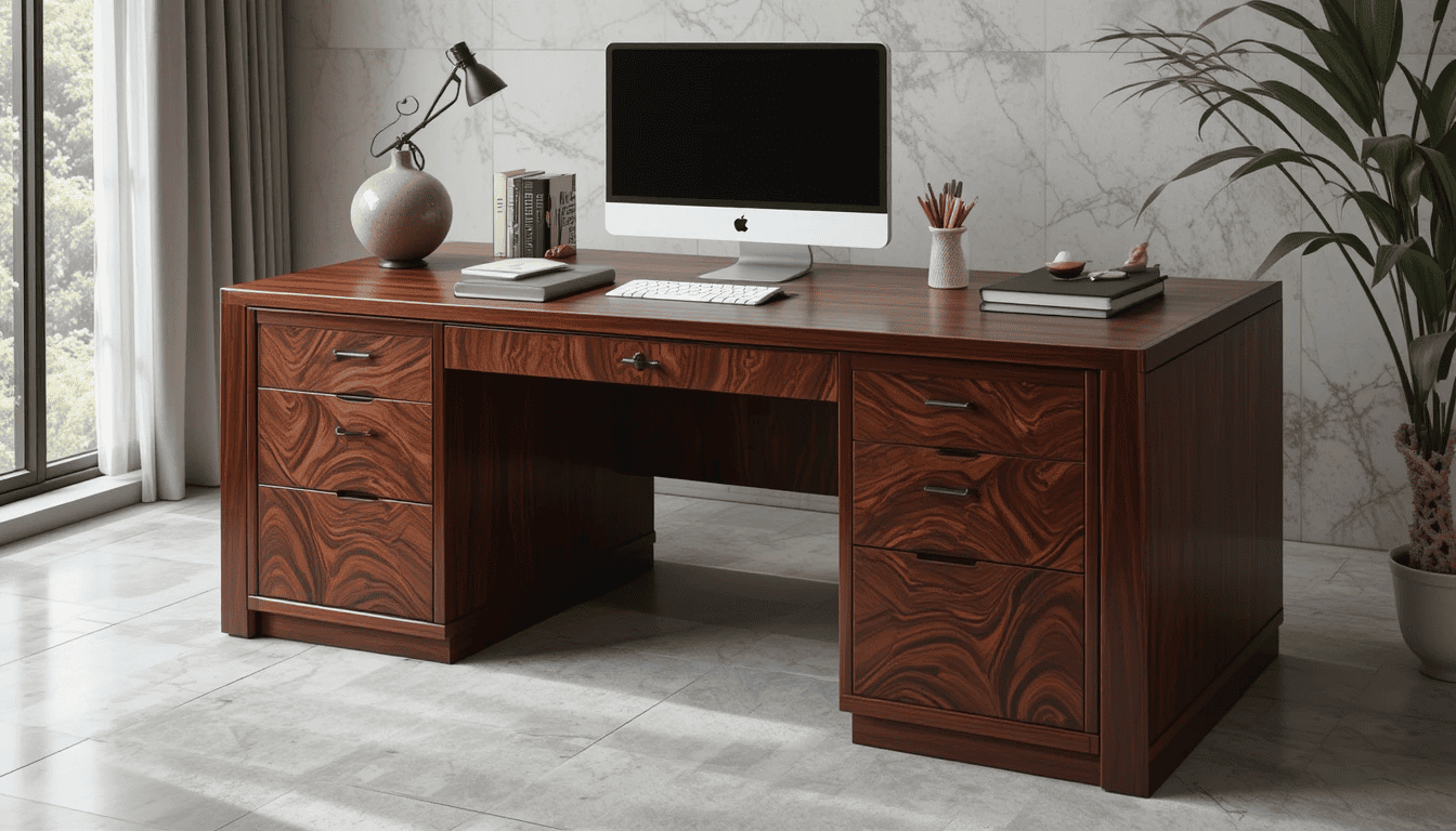 A beautiful cocobolo desk with a rich grain pattern in a modern office.