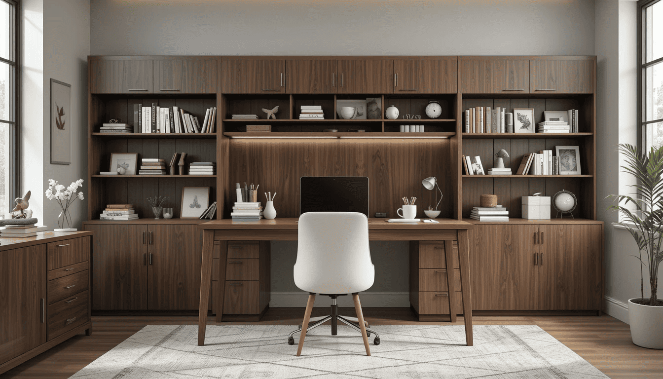 Modern desk hutch in a home office setup.