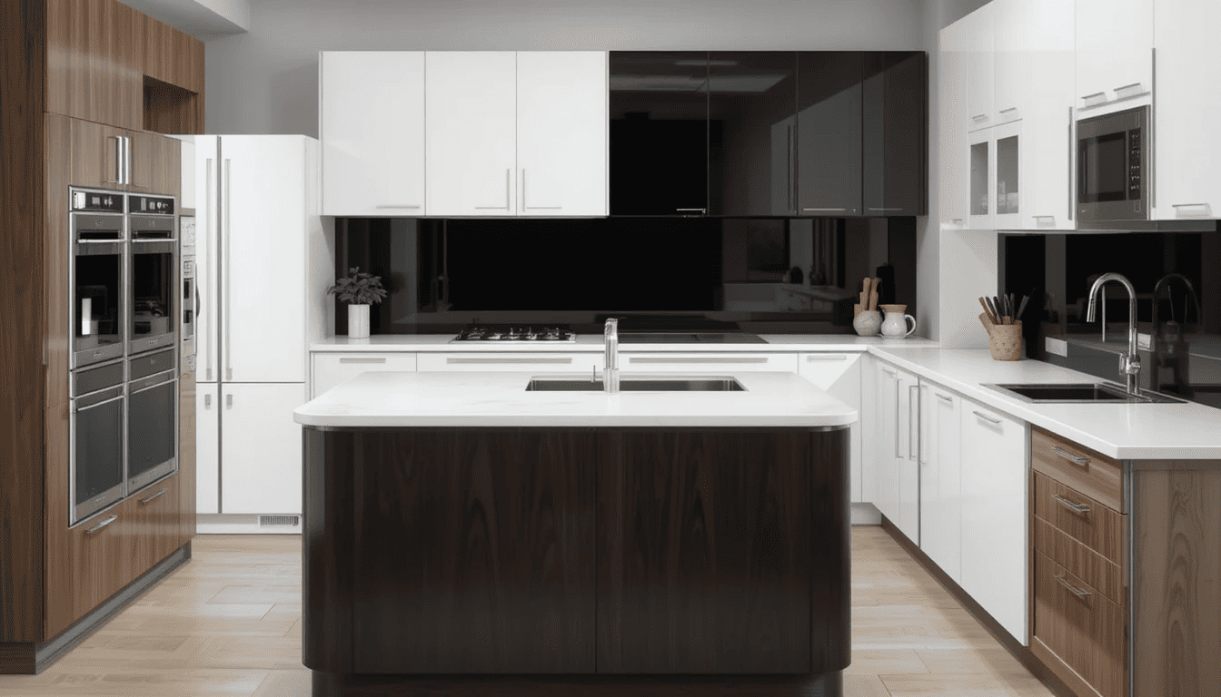 Modern kitchen with black backsplash and white countertop.