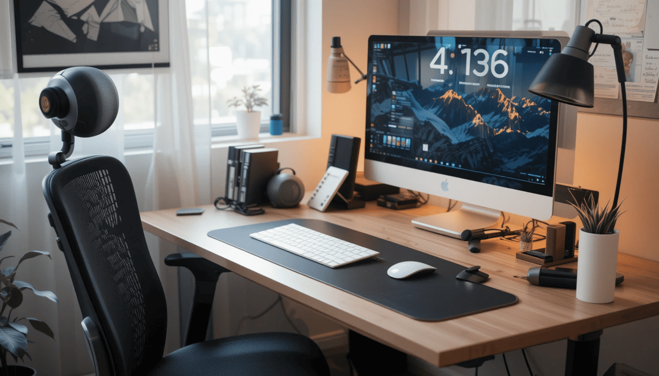 Modern wooden writing desk in a cozy home office.