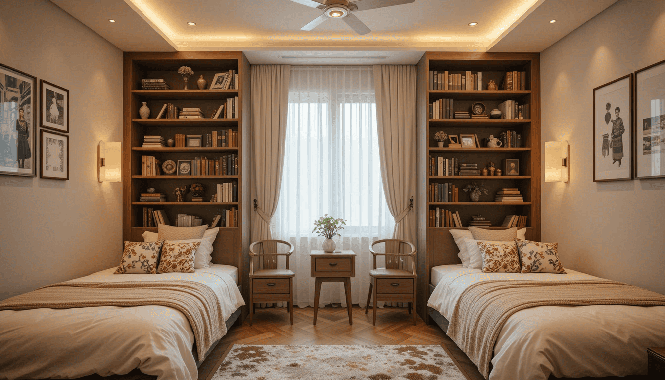 Shared bedroom with private spaces created using curtains and bookshelves.