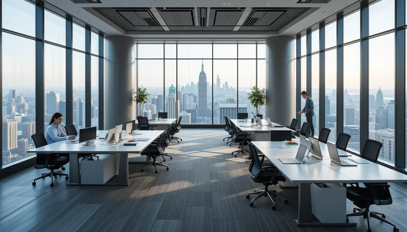 Modern high-rise office with IBC tables and city skyline.