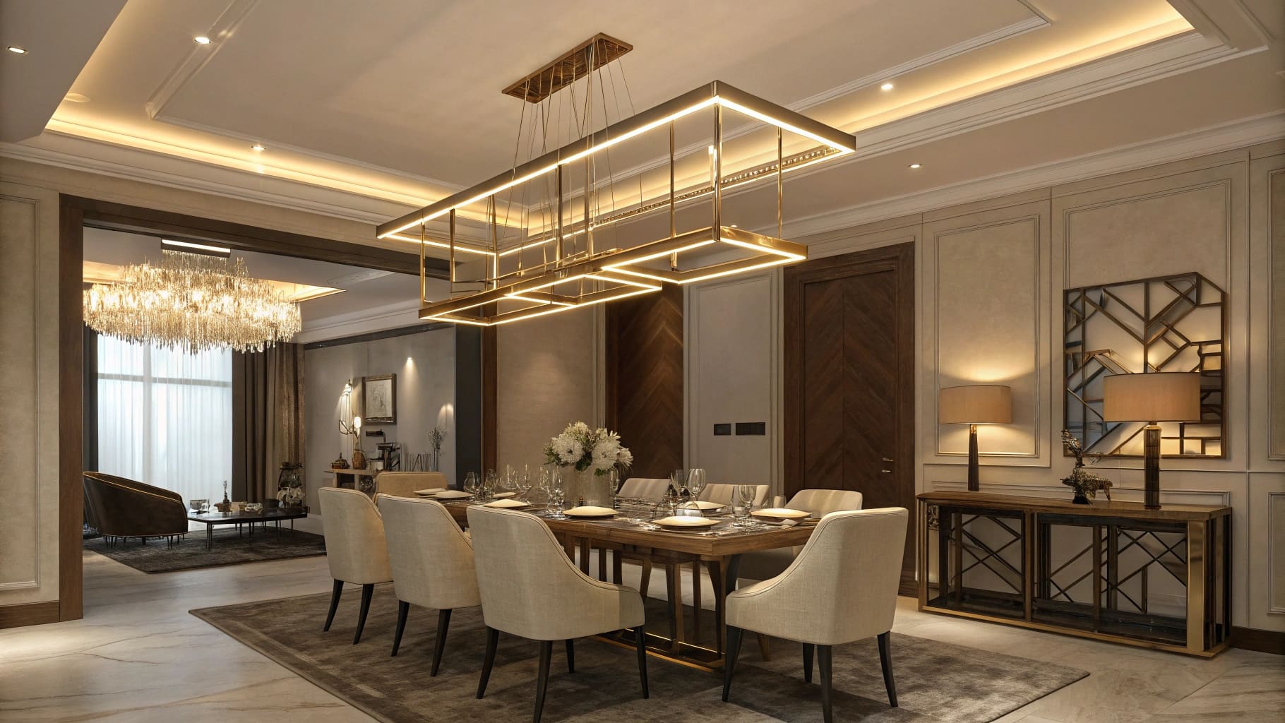 Modern chandelier hanging in a stylish dining room.