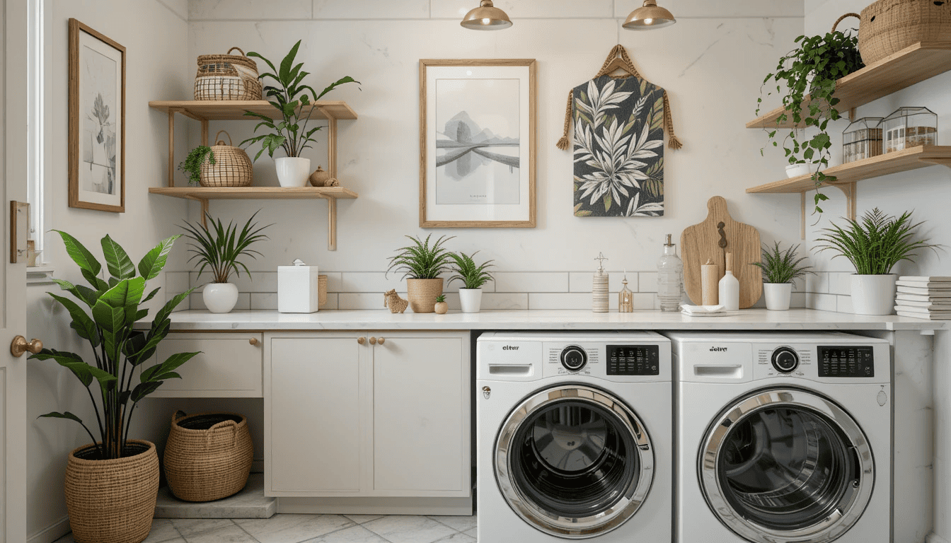 Decorative laundry room with baskets, wall art, plants, and modern lighting.