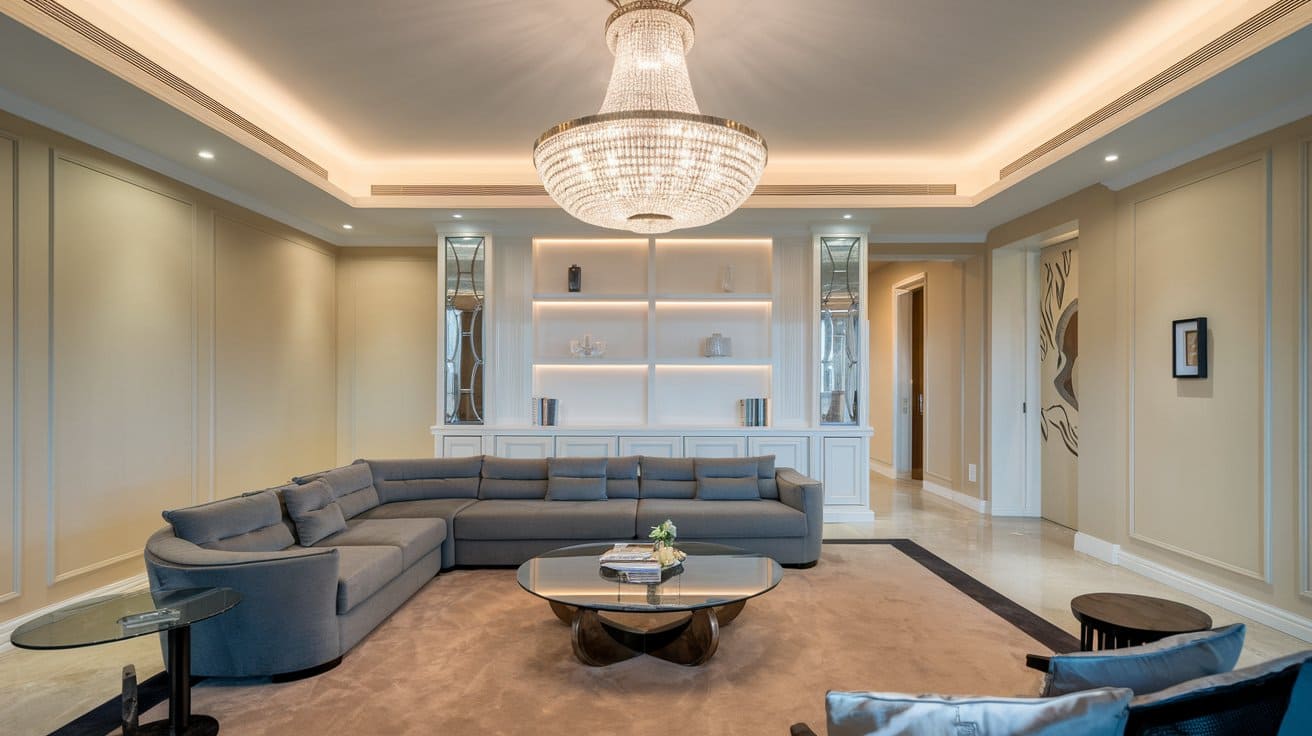 Modern living room with a luxurious crystal chandelier.