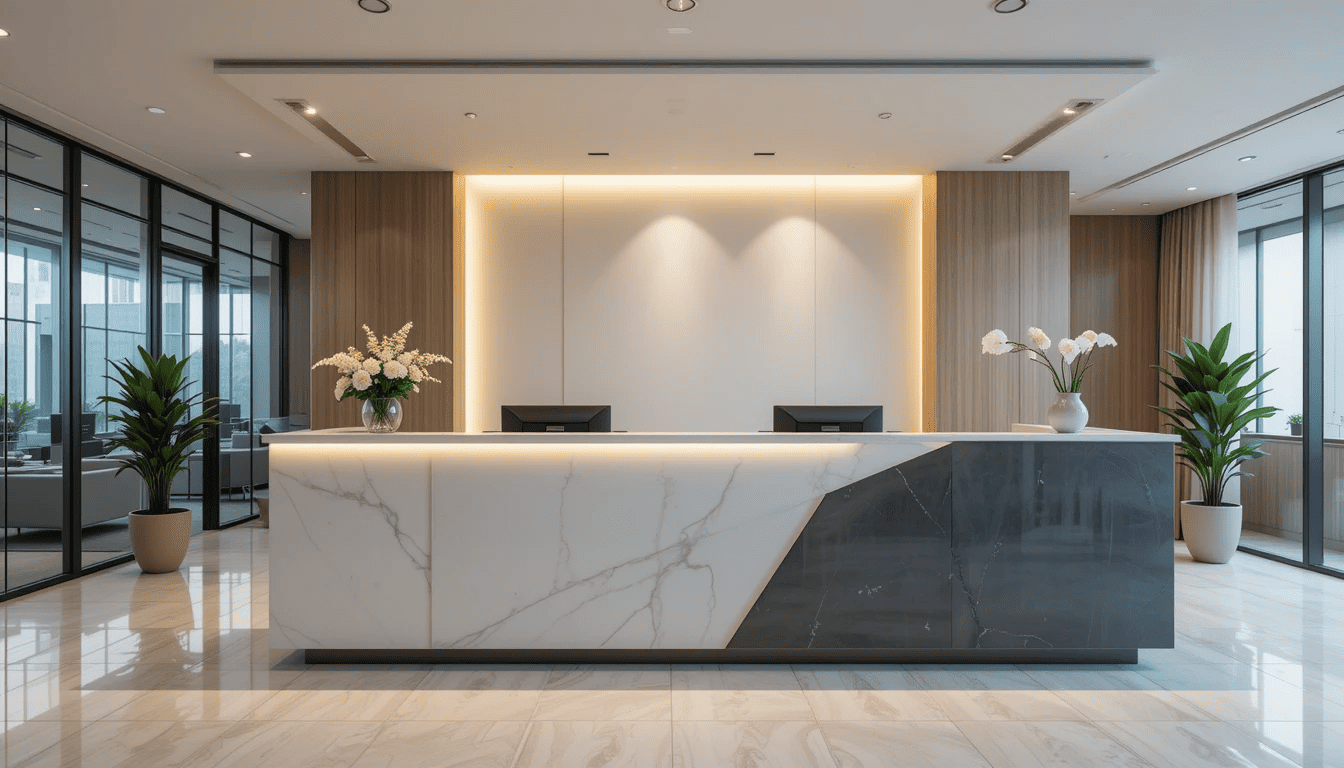 Modern office reception desk with warm lighting.