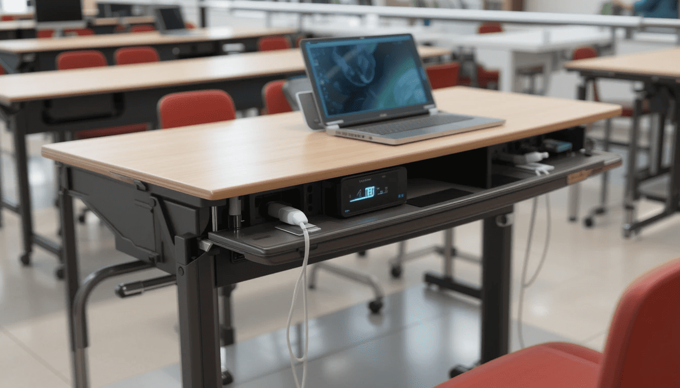 A high-tech school desk with modern features.