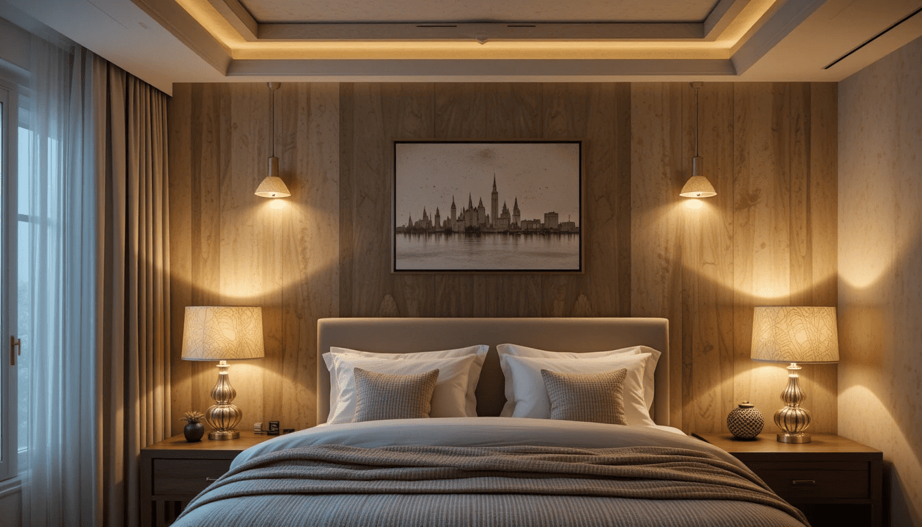 Cozy bedroom with layered lighting and warm ambiance