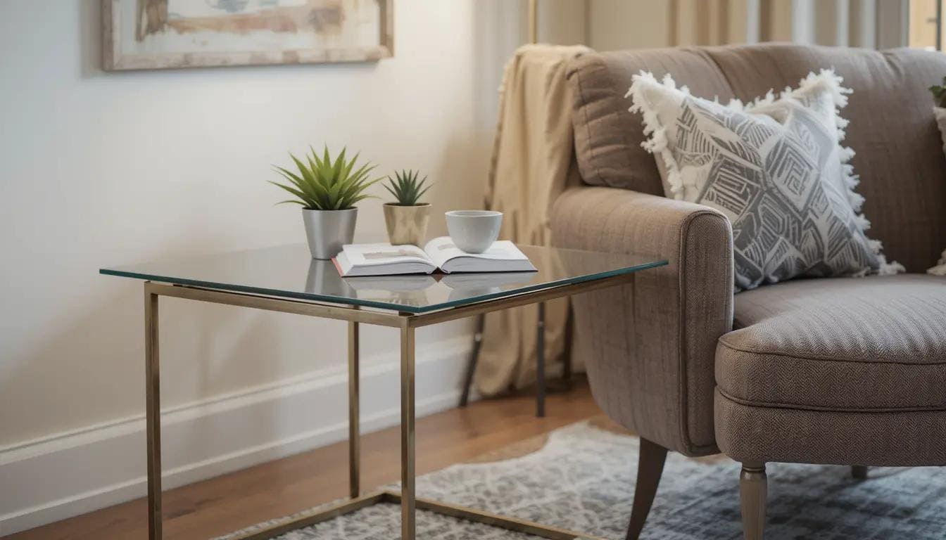 Modern glass drink table in a stylish living room.