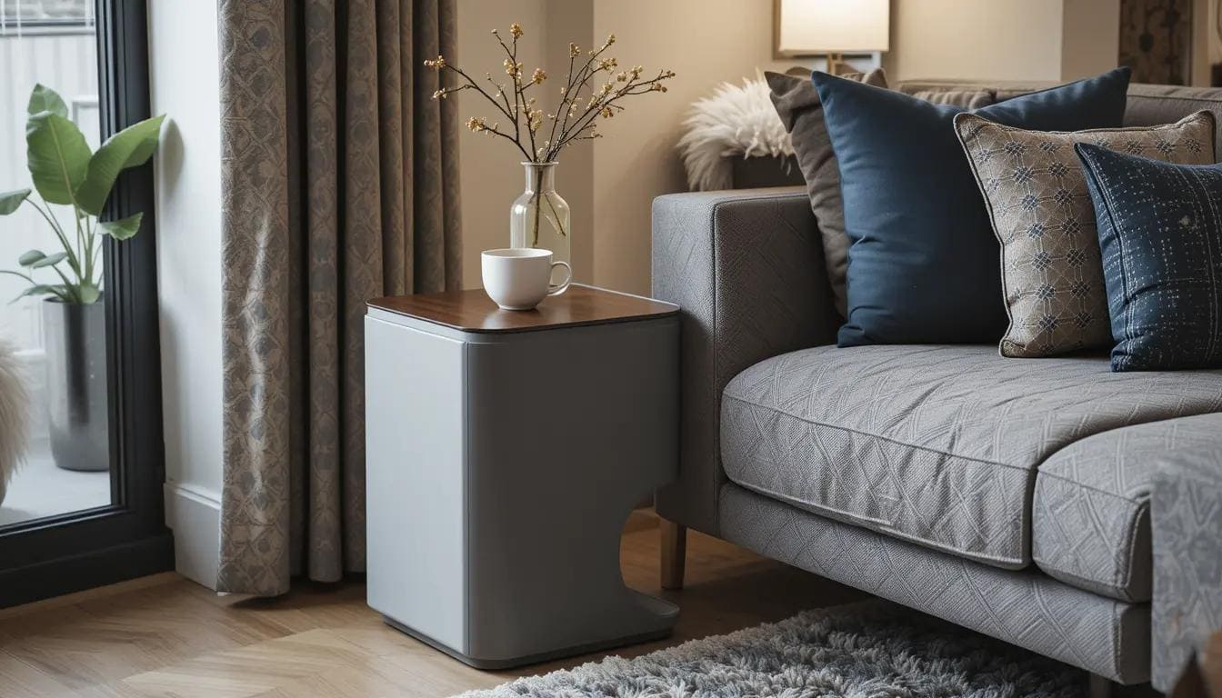 Compact drink table in a small modern living room.