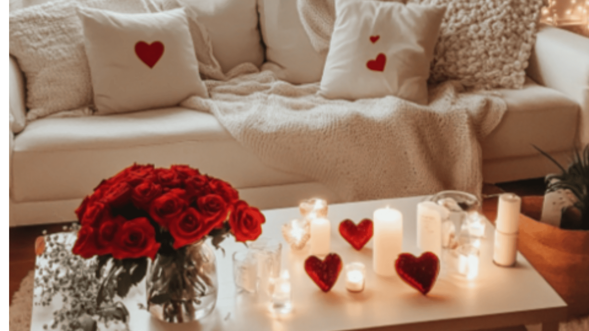 Romantic Valentine’s Day home decor setup.