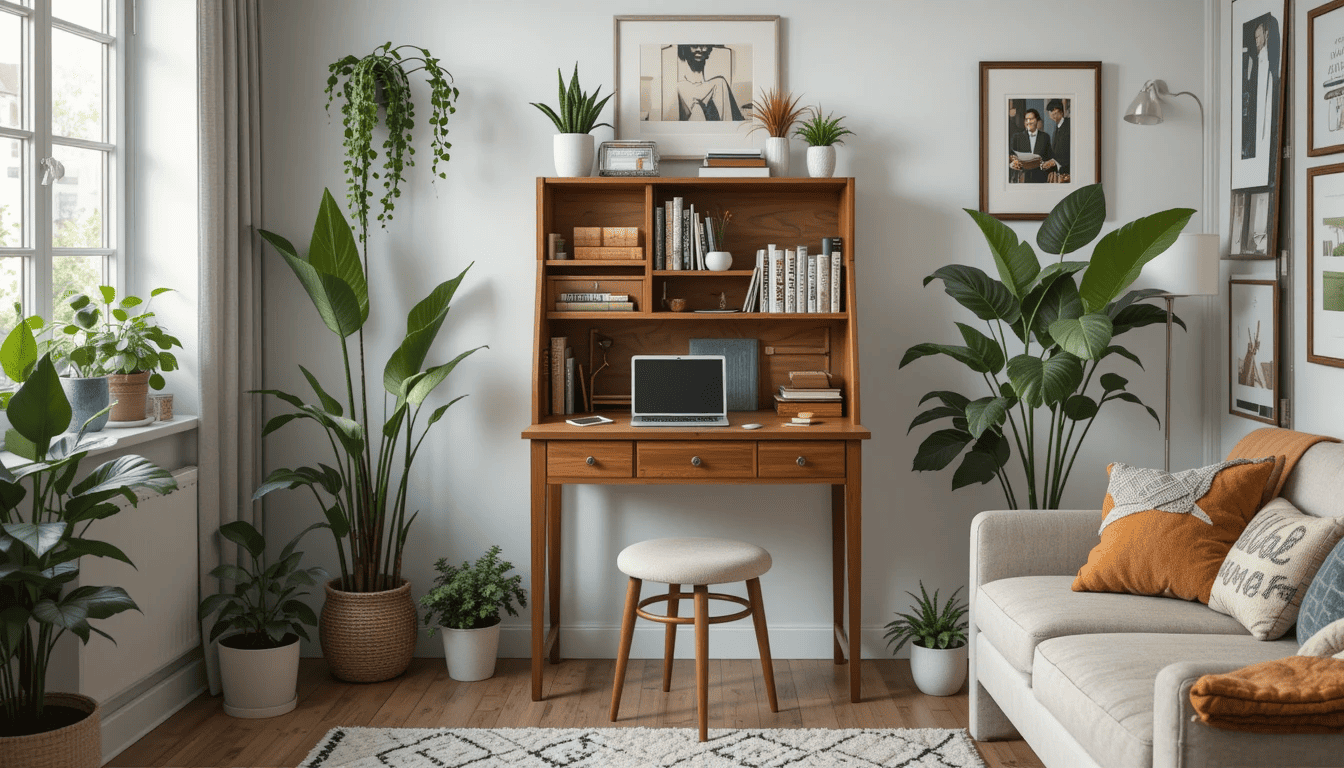 Traditional secretary desk with fold-down writing surface and wooden drawers.